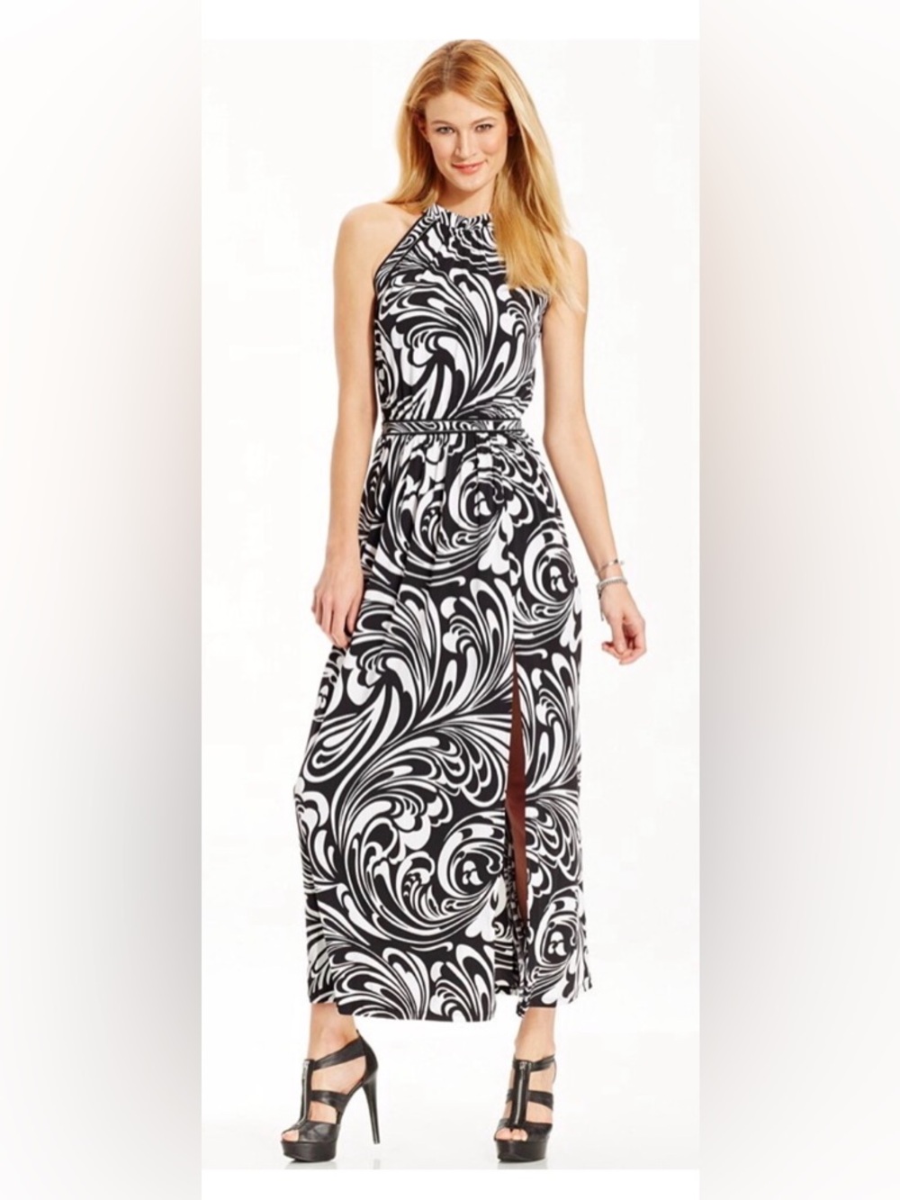 MICHAEL KORS Cocktail Wedding Halter Maxi Dress Black & White L